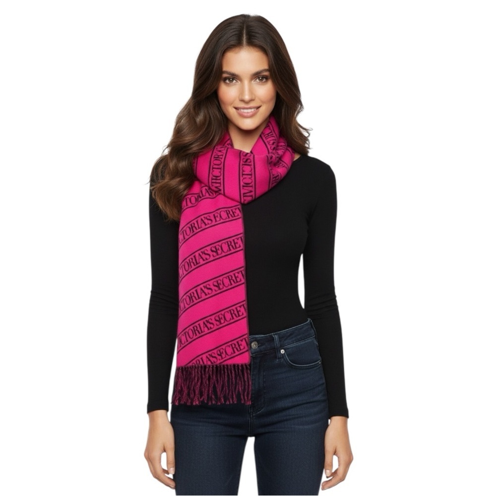 NWT NEW Vintage Victoria’s Secret Hot Pink Black Double Sided Scarf - Picture 1 of 4